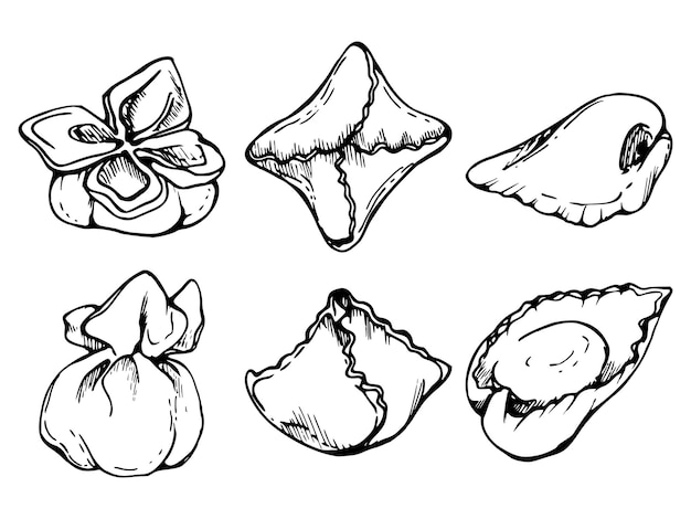 Ręcznie narysowana ilustracja atramentem wektorowym Rodzaje makaronów kuchnia włoska fagottini tortellini naczynia Zestaw pojedynczych elementów obiektu izolowanych na białym dla menu restauracji sklep żywności i druk pakietu ulotki
