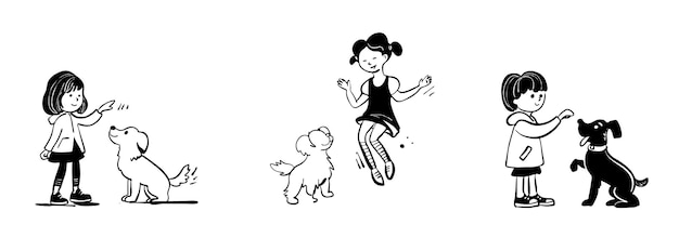 Ręcznie narysowana ilustracja dzieci trenujących psy i szczeniaki