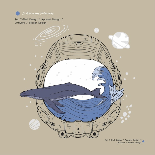 Ręcznie narysowana ilustracja hełmu astronauty oceanicznego dla koszulki