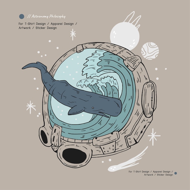 Ręcznie narysowana ilustracja hełmu astronauty oceanicznego dla koszulki