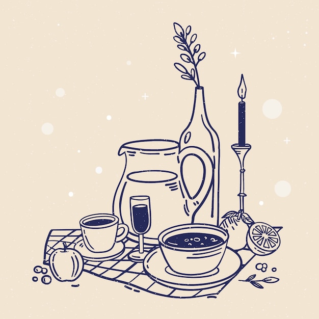 Ręcznie narysowana ilustracja jedzenia i napojów