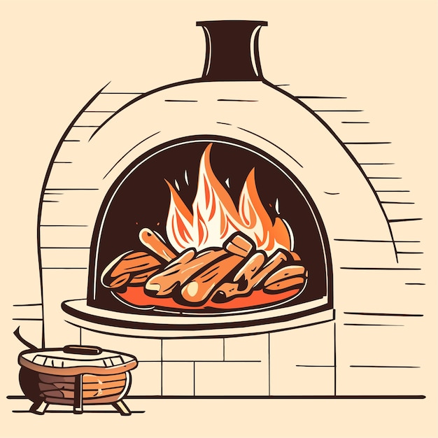 Plik wektorowy ręcznie narysowana ilustracja kominka z kreskówki lub kominek z czerwonej cegły z płonącym ogniem