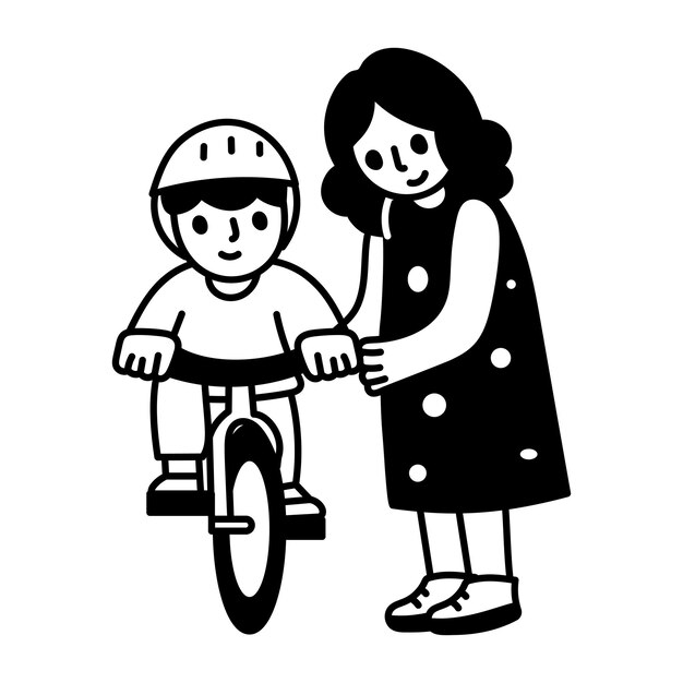 Ręcznie narysowana ilustracja matki pomagającej synowi ćwiczyć jazdę na rowerze