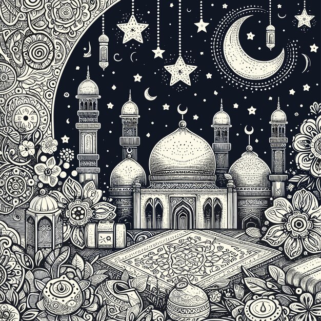 Ręcznie narysowana ilustracja wektorowa Ramadanu.