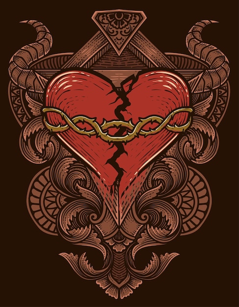 Plik wektorowy ręcznie narysowana ilustracja złamane serce z grawerowaną ramką ozdobną