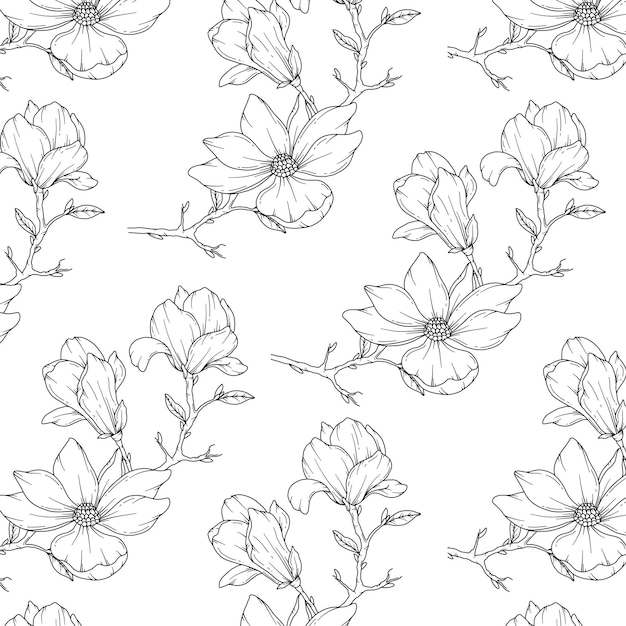 Ręcznie narysowana magnolia Tło Magnolia Bezszwowy wzór Modna grafika Magnolia Line Art