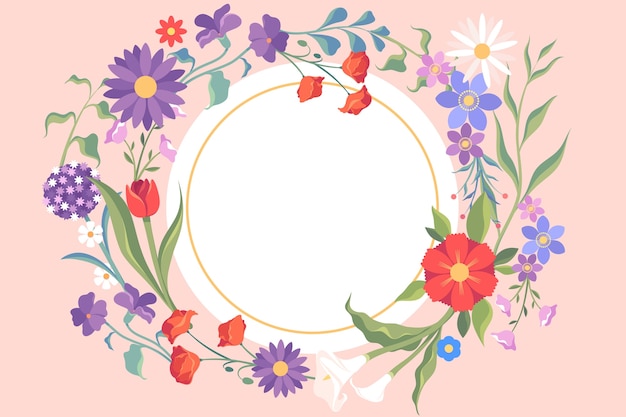 Ręcznie Narysowana Okrągła Kompozycja Kwiatów Z Kwiatami I Liśćmi Na Różowym Tle