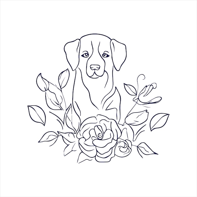 Ręcznie narysowana sztuka z kwiatami psów i róż
