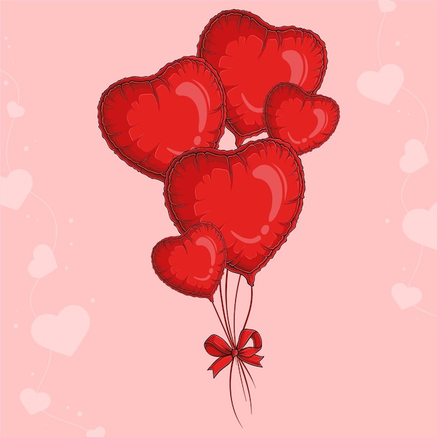 Plik wektorowy ręcznie narysowane balony w kształcie serca, bukiet latający, kolekcja związana z czerwonym łukiem