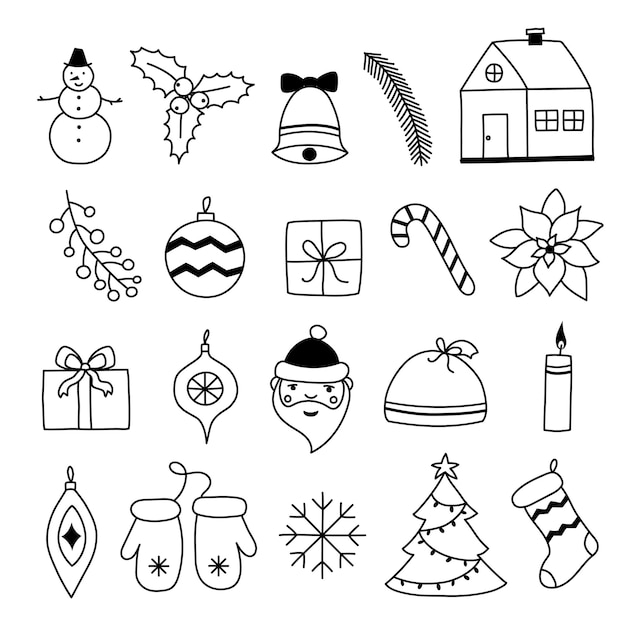 Ręcznie narysowane ikony bożonarodzeniowe izolowane na czarnym tle ilustracja w stylu doodle