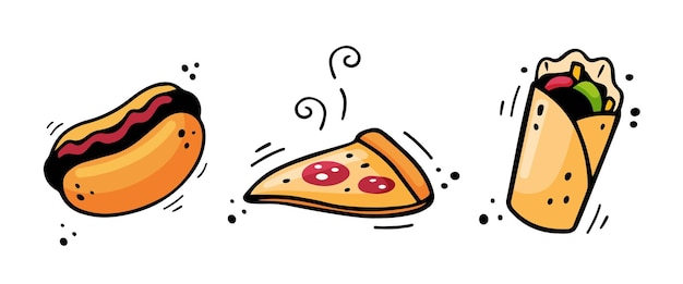 Ręcznie narysowane ikony fast food Sketch of Hot dog Pizza Doner Kebab Ilustracja fast food w stylu doodle