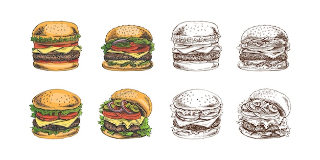 Ręcznie narysowane kolorowe i monochromatyczne szkice wspaniałych pysznych kanapek hamburgerów hamburgerów izolowanych