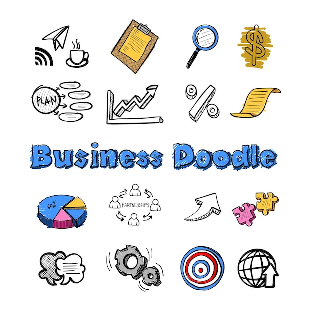 Ręcznie narysowane kolorowe ikony biznesowe Doodle