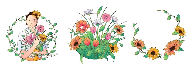 Plik wektorowy ręcznie narysowane kwiatowe ilustracje wiosenne