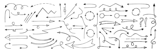Ręcznie narysowane linie strzały zestaw doodle do zabawnych prezentacji projektów infografiki wektorowe