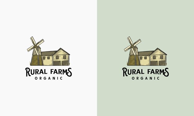 Plik wektorowy ręcznie narysowane logo koncepcji farm house szablon z krajobrazem gospodarstwa etykieta dla naturalnych produktów rolnych