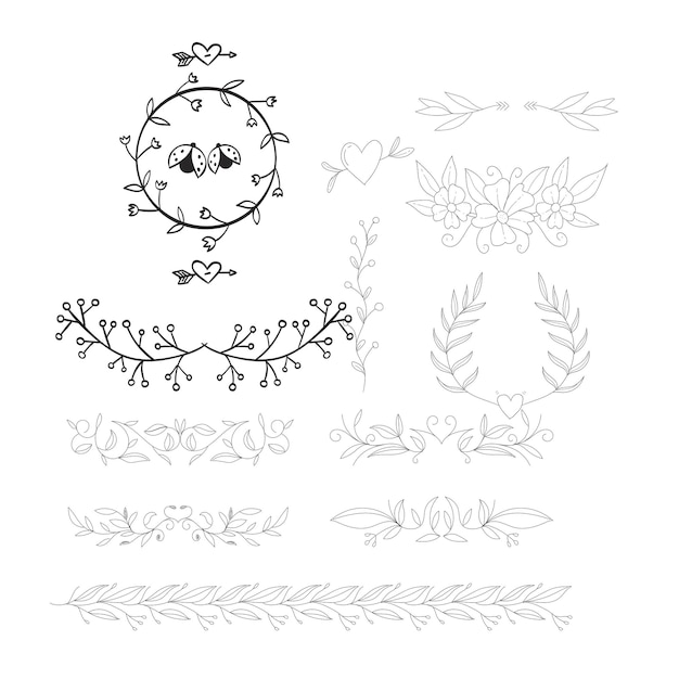 ręcznie narysowane ozdoby ślubne kolekcja ilustracja projektu wektorowego