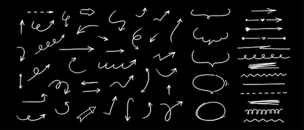 Ręcznie narysowane różne elementy linii Strzały w stylu szkicu Doodle bąbelki mowy i podkreślenia