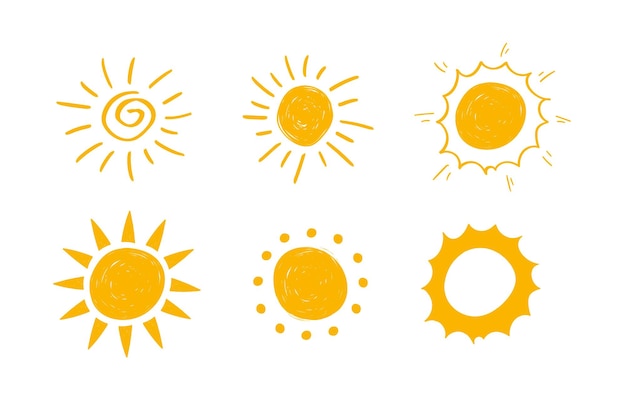 Ręcznie narysowane wektory ikon Słońca wyizolowane na białym tle Sun Shine Ray Set