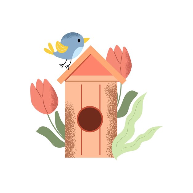 Plik wektorowy ręcznie narysowany domek dla ptaków z uroczym ptakiem i tulipanami wektorowy projekt wielkanocny z teksturą