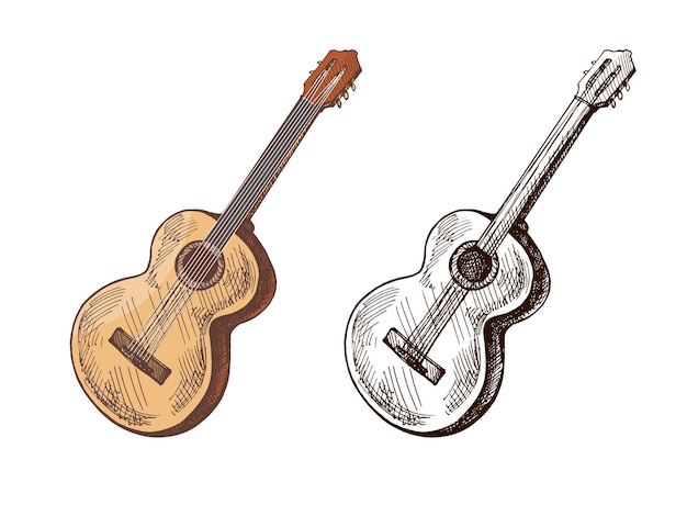 Ręcznie narysowany kolorowy i czarny szkic akustycznego gitaru, instrumentu muzycznego do muzyki retro