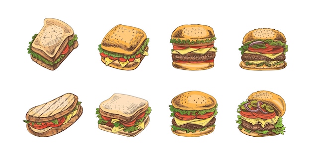 Plik wektorowy ręcznie narysowany kolorowy szkic różnych hamburgerów i kanapek z sałatką z serem z bekonem