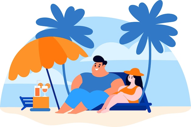 Ręcznie narysowany nadwaga Turyści relaksujący się nad morzem na wakacjach w stylu płaskim izolowany na tle