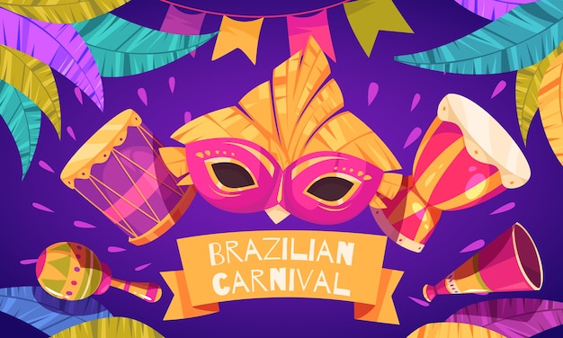 Ręcznie Narysowany Płaski Kreskówkowy Brazylijski Karnawał Z Maską Karnawałową I Instrumentem Muzycznym