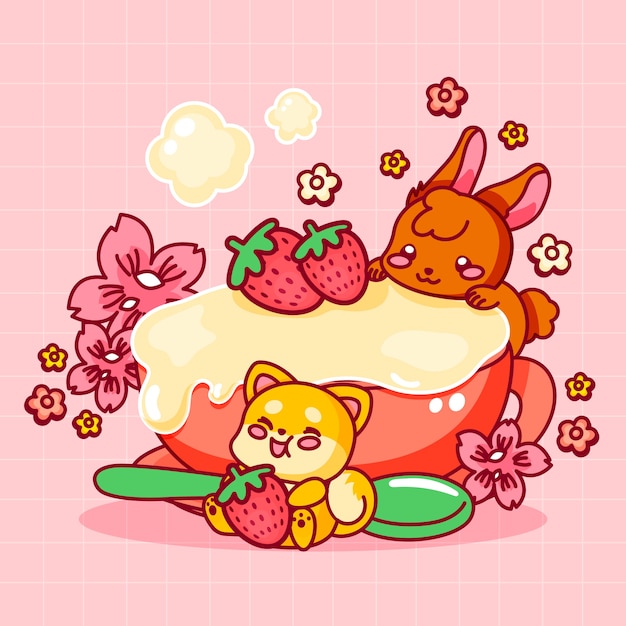 Ręcznie narysowany płaski projekt ilustracji kawaii foods