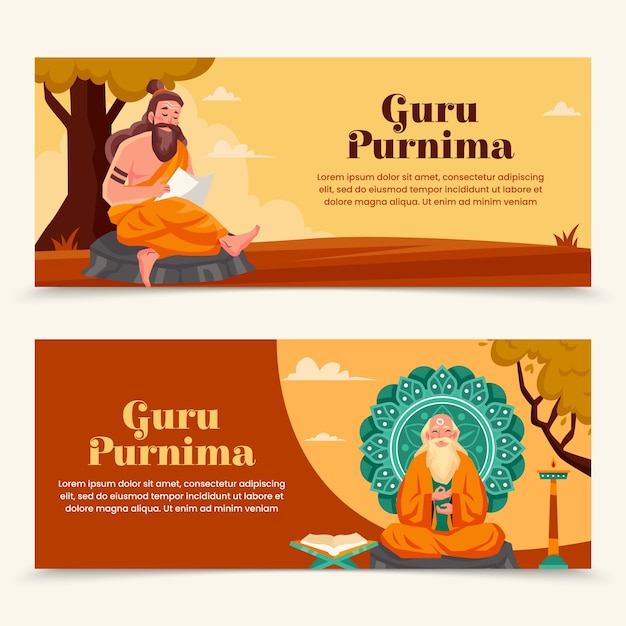 Ręcznie narysowany płaski zestaw banerów Guru Purnima