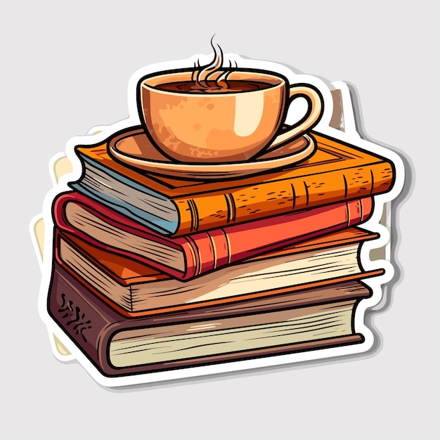 Plik wektorowy ręcznie narysowany stos książek i filiżanka kawy na światowy dzień książki stos książek z filiżanką herbaty