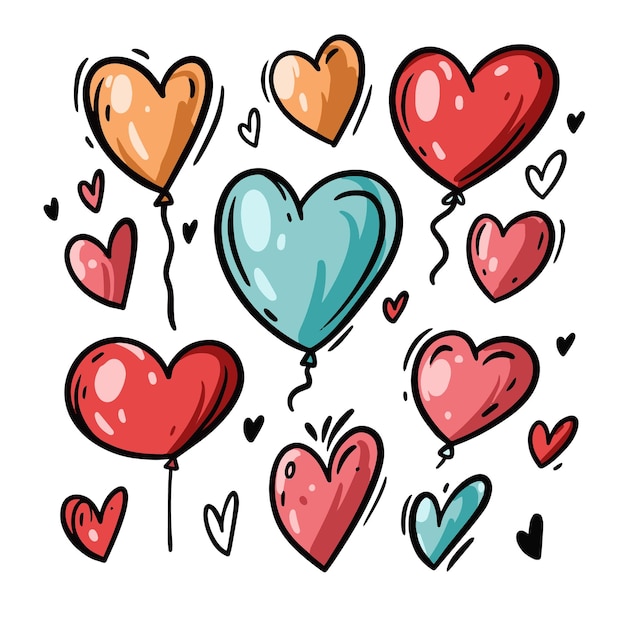 Plik wektorowy ręcznie narysowany styl miłosnych balonów sercowych elementów rysunkowych czerwono-niebieskich i żółtych kolorów