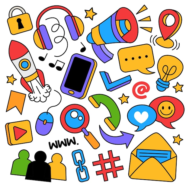 Ręcznie narysowany symbol i element mediów społecznościowych w stylu doodle