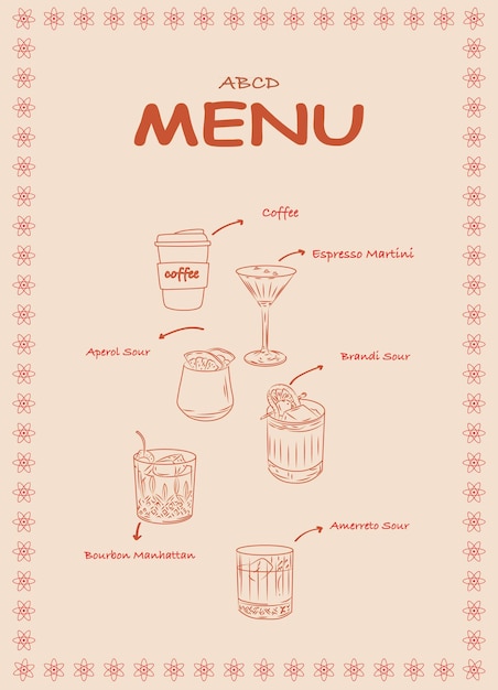 Ręcznie narysowany szablon menu koktajlowego