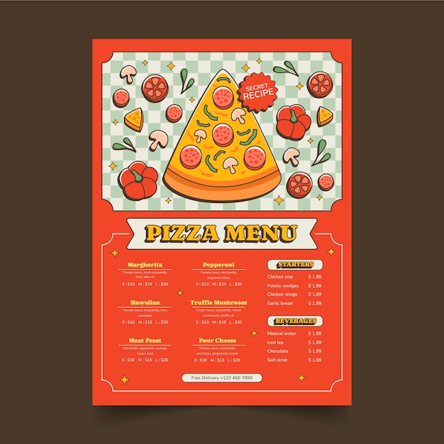 Ręcznie narysowany szablon menu pizzy