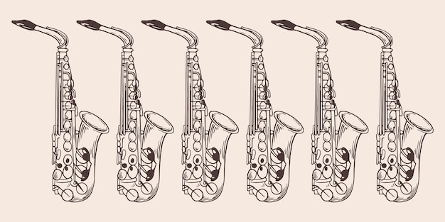 Ręcznie Narysowany Sześć Saksofonów W Stylu Grawerowanym W Stylu Vintage Izolowany Na Białym Tle Widok Z Przodu