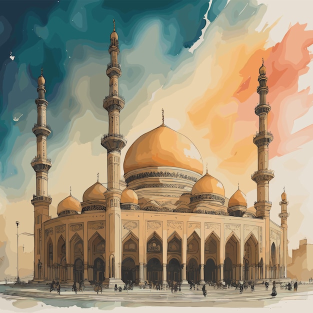 Ręcznie Narysowany Szkic Meczetu Na Eid Mubarak Kartka Z Akwarelami Tło Pozdrowienia Samochód