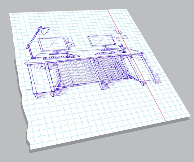 Plik wektorowy ręcznie narysowany szkic wnętrza na arkuszu zeszytu narysuj pomieszczenie biurko różne obiekty na stole szkicuj obszar roboczy