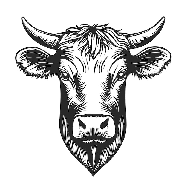 Ręcznie narysowany szkic z głową krowy logo czarno-białe grawerowanie ilustracja wektorowy styl