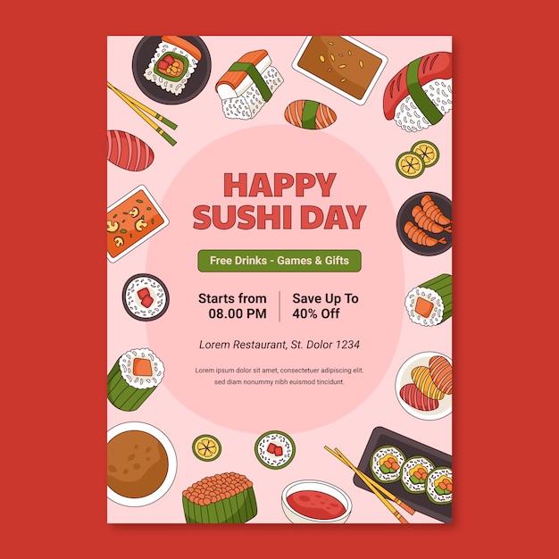 Ręcznie Narysowany Wzór Pionowego Plakatu Międzynarodowego Dnia Sushi