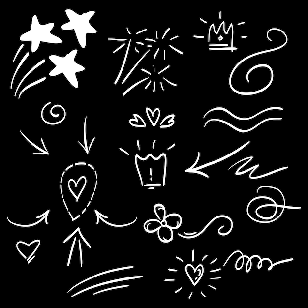 ręcznie narysowany zestaw abstrakcyjnych elementów doodle używane do projektowania koncepcji izolowane na czarnym tle ilustracja wektorowa