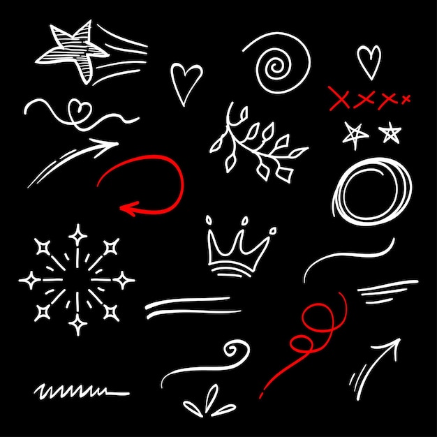 ręcznie narysowany zestaw abstrakcyjnych elementów doodle używane do projektowania koncepcji izolowane na czarnym tle ilustracja wektorowa