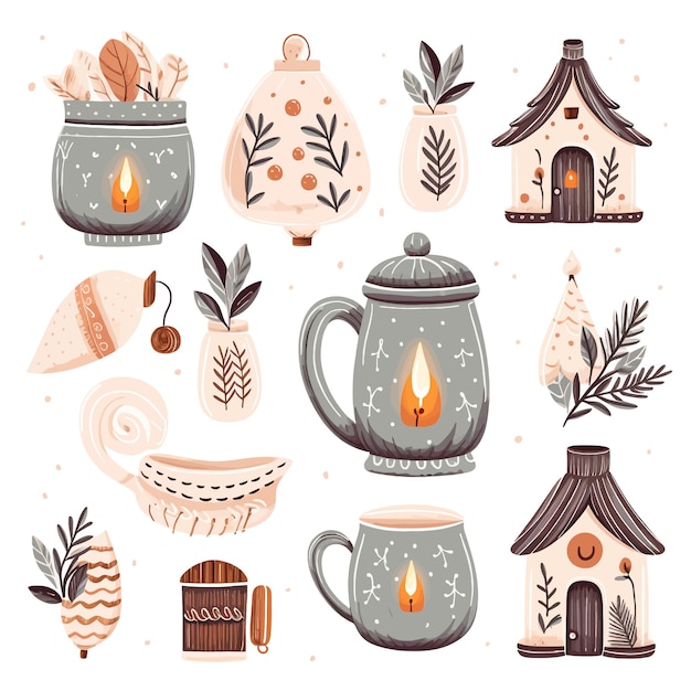 Ręcznie Narysowany Zestaw Clipart Przytulny Zimowy Hygge świeca Kreskówka Ilustracja Wektorowa Clipart Białe Tło