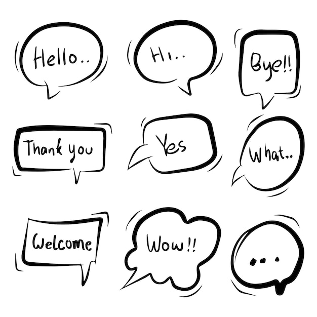Ręcznie narysowany zestaw komiksowych pęcherzyków mowy z słowami hello wow hi dziękuję tak co witam Doodle ilustracja wektorowa