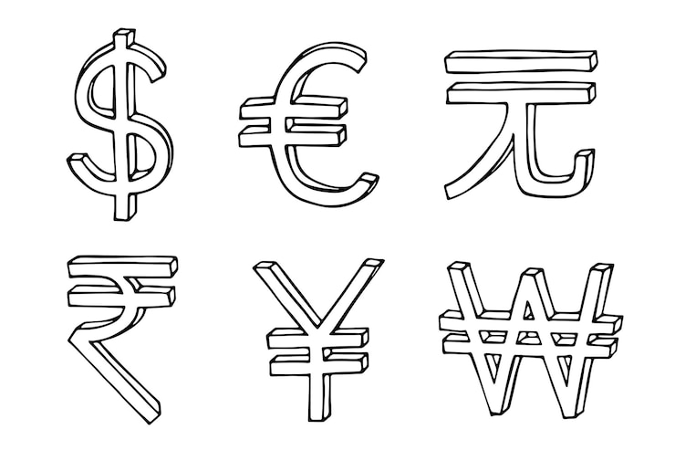Wektor ręcznie narysowany zestaw symboli wielu walut: dolar, euro, juan, jen, won, rupia