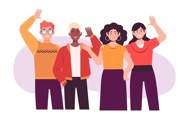 Ręcznie rysowana grupa ludzi macha ilustracją