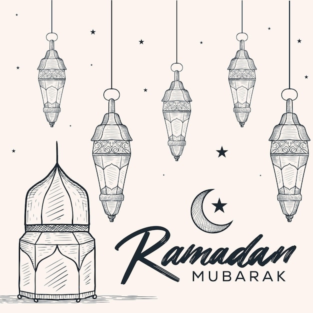 Ręcznie Rysowana Ilustracja Ramadan Mubarak Z Latarniami