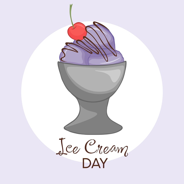 Ręcznie rysowana ilustracja wektorowa lodów w filiżance i wisienka na wierzchu Karta Happy National Ice Cream Day