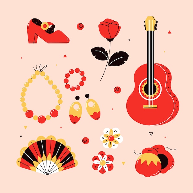 Plik wektorowy ręcznie rysowana kolekcja elementów tańca flamenco