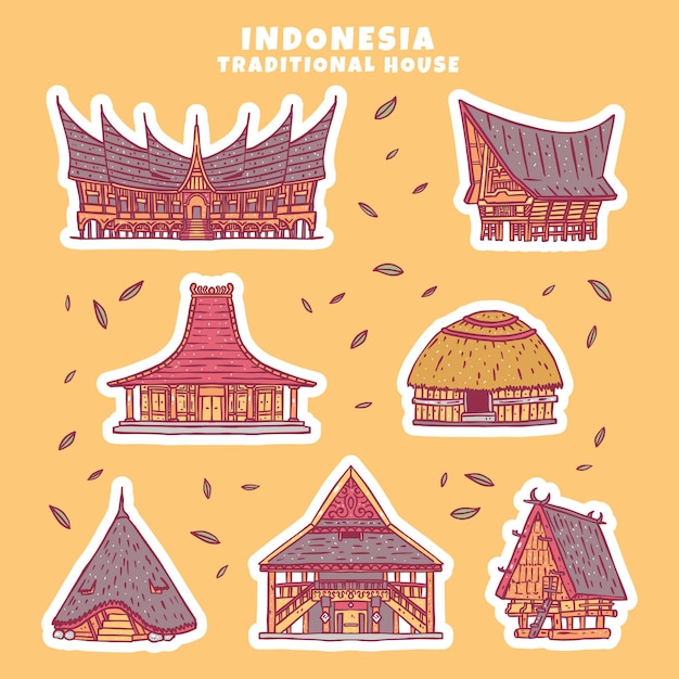 Ręcznie Rysowana Kolekcja Tradycyjnych Domów Indonezyjskich